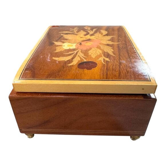 Vintage Reuge Musical Italy Wooden Jewelry Box Floral Inlay Red Velvet Interior - Picture 7 of 11